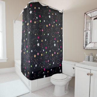 Multi Coloured Classic Christmas Stars On Black   Shower Curtain