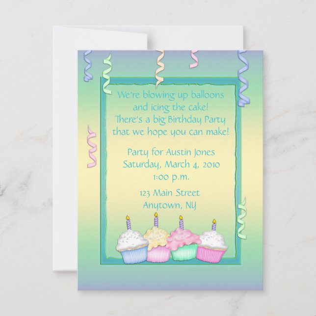 Multi-coloured Cupcake Birthday Invitation (Front)