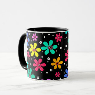 Multi-coloured daisies on a black background  mug