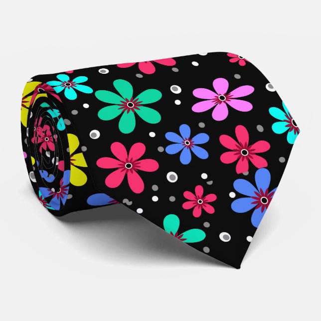 Multi-coloured daisies on a black background  tie (Rolled)