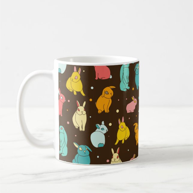 Multi-coloured, different rabbits, hares on a dark coffee mug (Left)