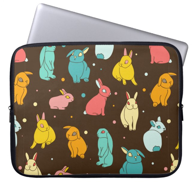 Multi-coloured, different rabbits, hares on a dark laptop sleeve (Front)