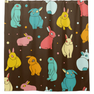 Multi-coloured, different rabbits, hares on a dark shower curtain