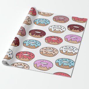 Multi-coloured doughnuts hand drawn seamless patte wrapping paper