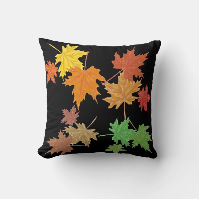 Multi-Coloured Fall Leaves Black Cushion (Front)