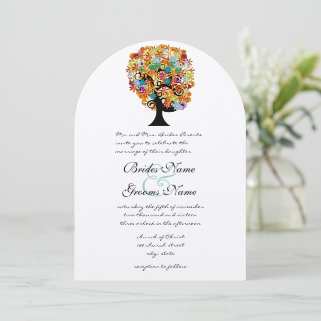 Multi Coloured Flower  Love Tree Wedding Invitatio Invitation (Standing Front)