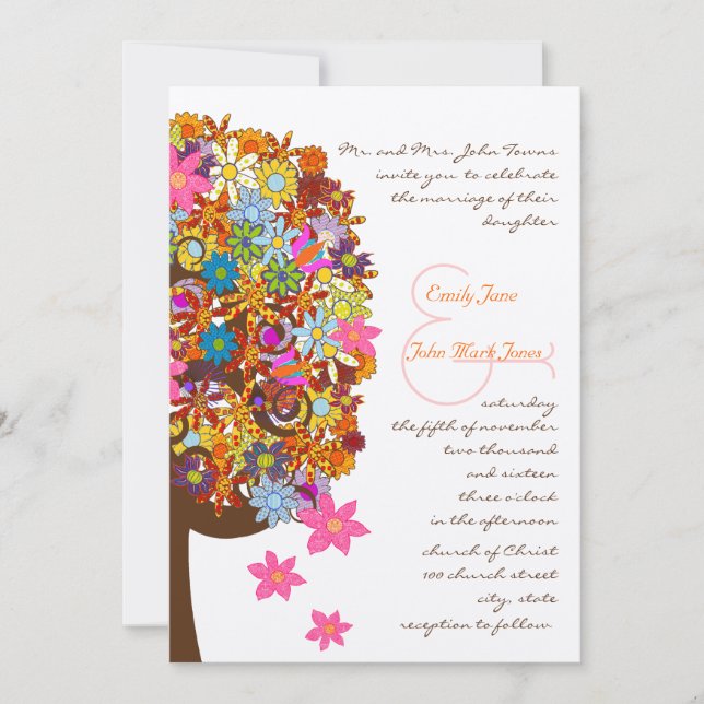 Multi Coloured Flower  Love Tree Wedding Invitatio Invitation (Front)