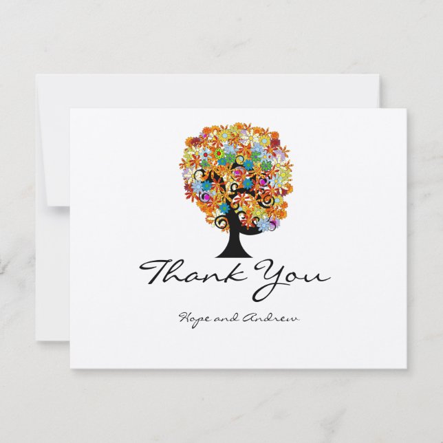 Multi Coloured Flower LoveTree Wedding Thank You Card (Front)