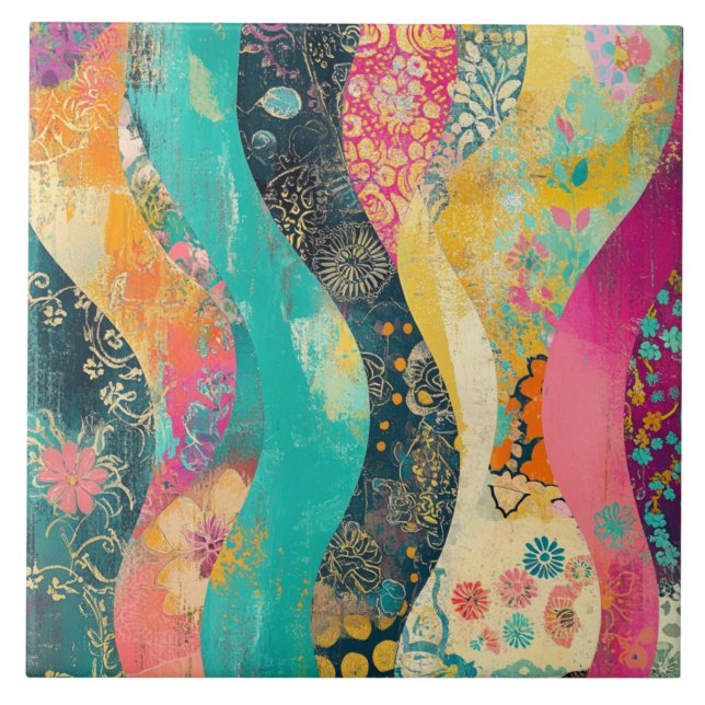 Multi-Coloured Flowers Wave Tile (Front)
