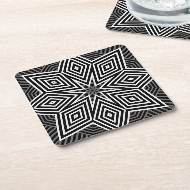Multi-coloured geometric pattern retro square paper coaster (Angled)