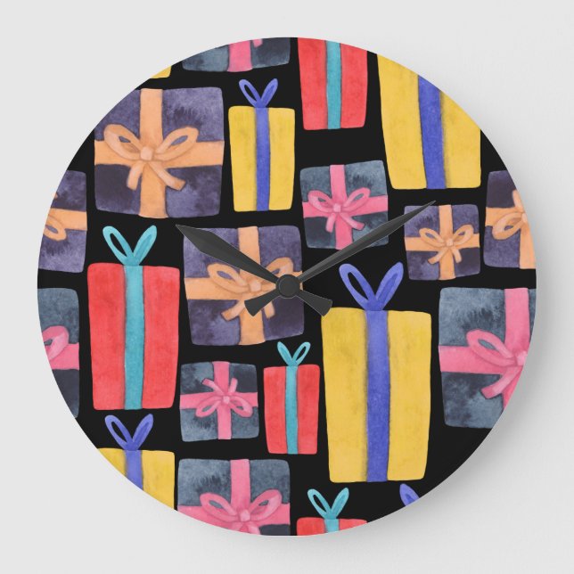Multi-Coloured Gifts Watercolor Seamless Large Clock (Front)