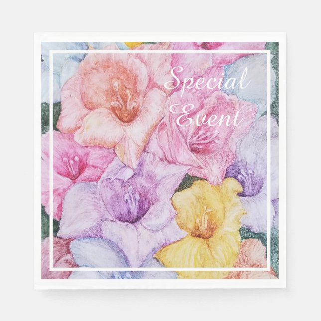 Multi-coloured Gladiola Flowers Party Napkin (Front)