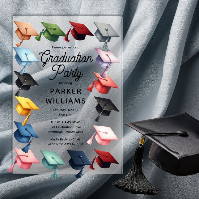 Multi-Coloured Grad Caps Graduation Party Acrylic Invitations (Multi-Colored Grad Caps Graduation Party Acrylic  Invitation)