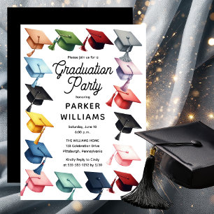 Multi-Coloured Grad Caps Graduation Party Invitation