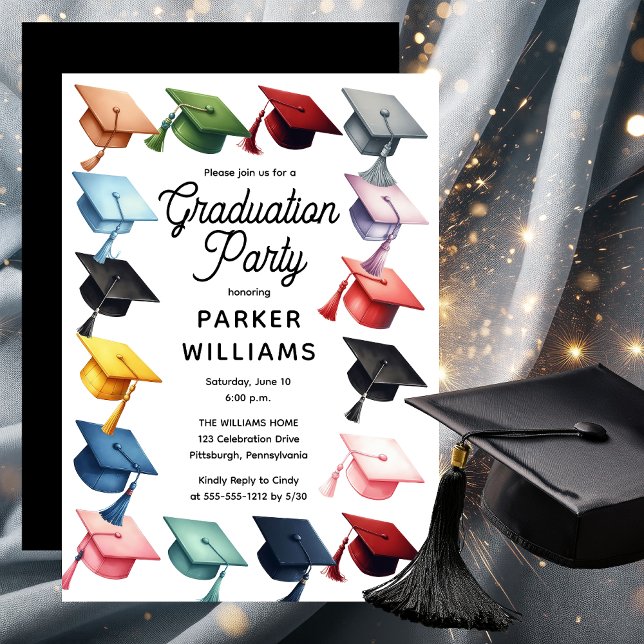 Multi-Coloured Grad Caps Graduation Party Invitation (Multi-Colored Grad Caps Graduation Party Invitation)