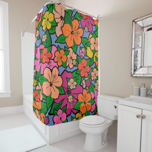Multi-coloured Hibiscus Flowers Shower Curtain (In Situ)