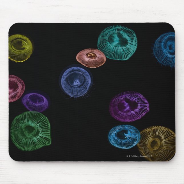 Multi coloured jelly fish on black background mouse mat (Front)