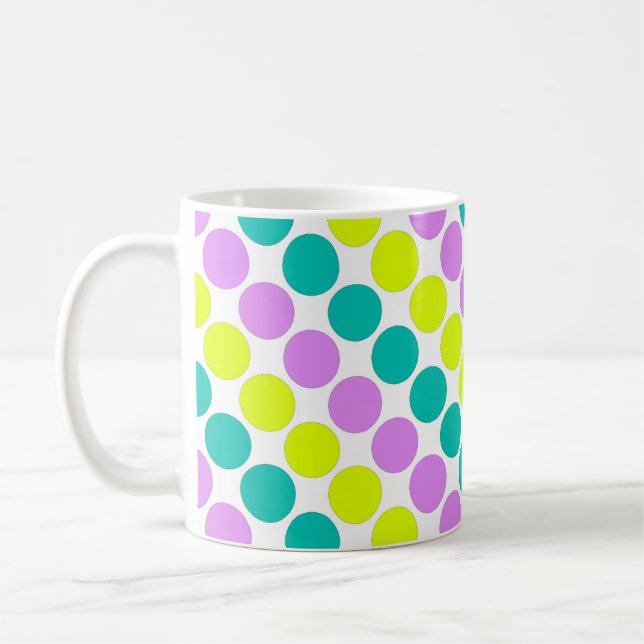 Multi coloured large polka dots retro sixties coffee mug (Left)