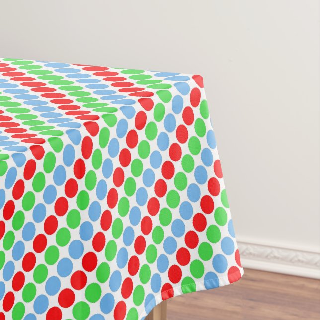 Multi coloured large polka dots retro sixties tablecloth (In Situ)