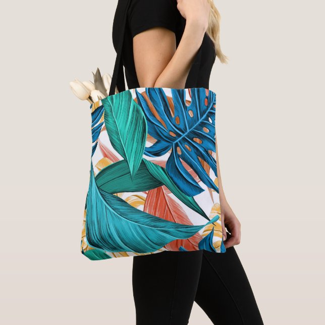  Multi-Coloured Leaves & Palm Leaves Tote Bag (Close Up)
