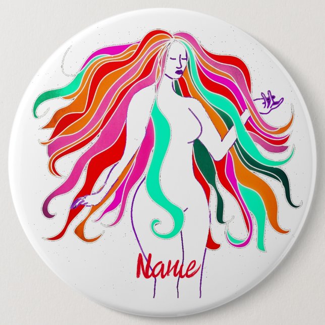 Multi-coloured long-haired goddess Thunder_Cove 6 Cm Round Badge (Front)