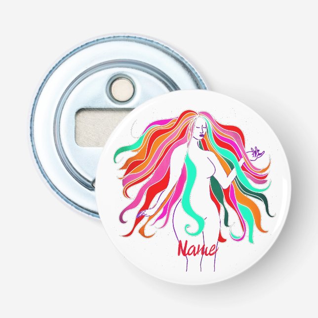 Multi-coloured long-haired goddess Thunder_Cove Bottle Opener (Front)