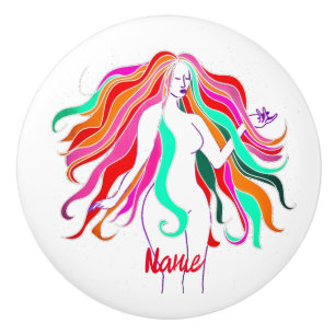 Multi-coloured long-haired goddess Thunder_Cove Ceramic Knob