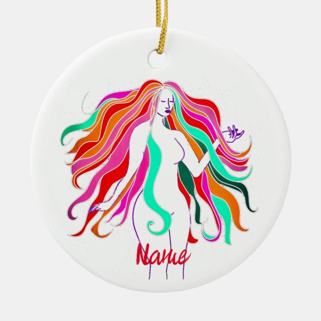 Multi-coloured long-haired goddess Thunder_Cove Ceramic Tree Decoration (Front)