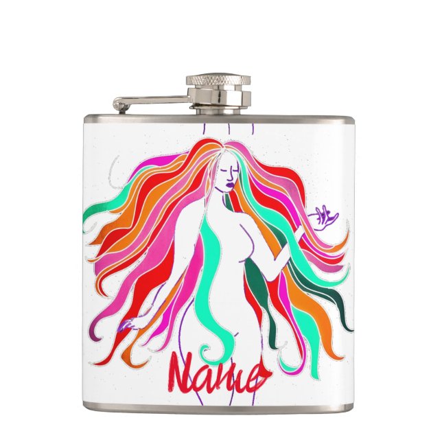 Multi-coloured long-haired goddess Thunder_Cove Hip Flask (Front)