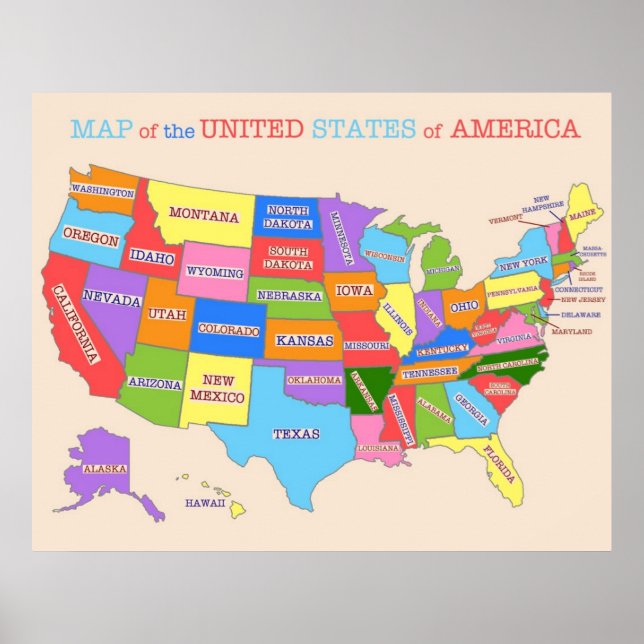Multi-Coloured Map Of the United States Poster (Front)