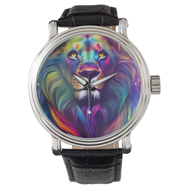 Multi Coloured Modern Digital Art Majestic Lion Watch (Front)