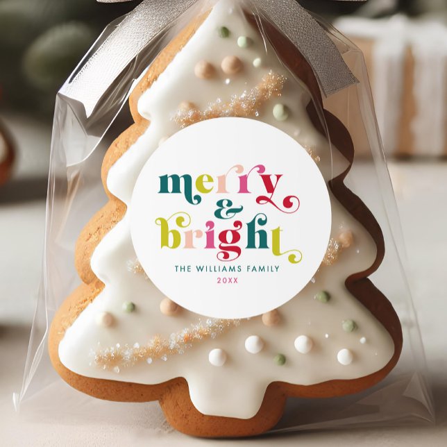 Multi Coloured Modern Merry & Bright Christmas Classic Round Sticker (Multi Colored Modern Merry & Bright Christmas Classic Round Sticker)