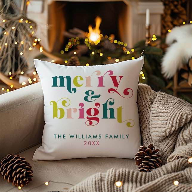 Multi Coloured Modern Merry & Bright Christmas Cushion (Multi Colored Modern Merry & Bright Christmas Throw Pillow)