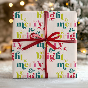 Multi Coloured Modern Merry & Bright Christmas Wrapping Paper