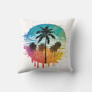 multi-coloured palm tree in retro style hand-drawn cushion