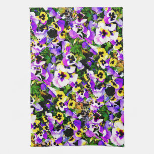 multi-coloured pansy flowers tea towel