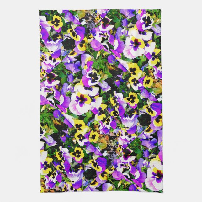multi-coloured pansy flowers tea towel (Vertical)