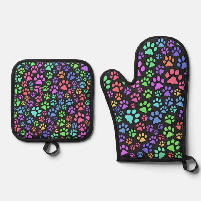 Multi-Coloured Paw Print Design Oven Mitt & Pot Holder Set (Front)