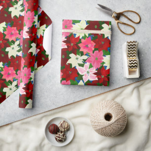 Multi Coloured Poinsettias Christmas Wrapping Paper