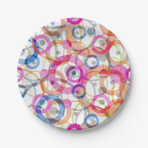 Multi-coloured polka dots, circles on a white paper plate