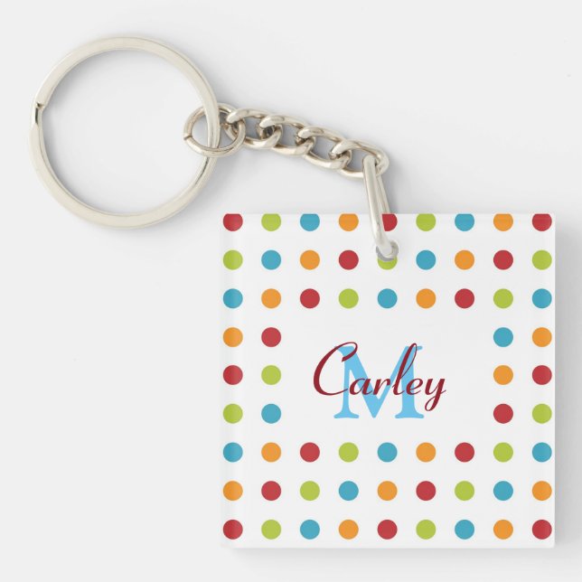 Multi-Coloured Polka Dots Personalised Key Ring (Front)