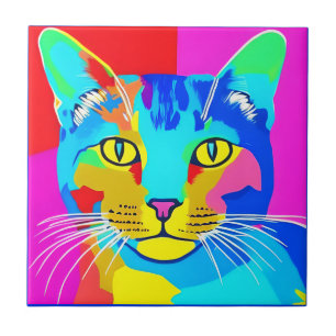 Multi Coloured Pop Art Cat Portrait   Tile