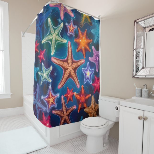Multi-coloured Star Fish Design  Shower Curtain (In Situ)