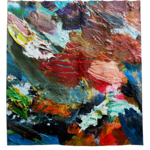 multi-coloured strokes of oil paint on the artist' shower curtain