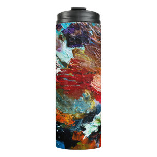 multi-coloured strokes of oil paint on the artist' thermal tumbler