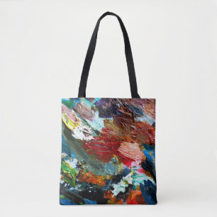 multi-coloured strokes of oil paint on the artist' tote bag