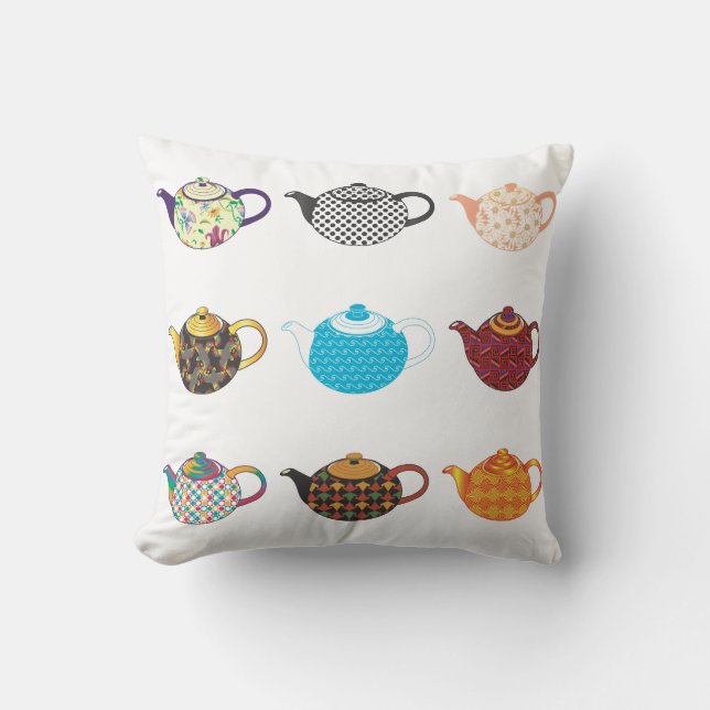 Multi-coloured Tea Kettles Cushion (Front)