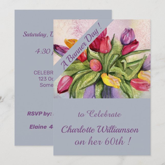 Multi Coloured Tulip Watercolor Birthday Floral Invitation (Front/Back)