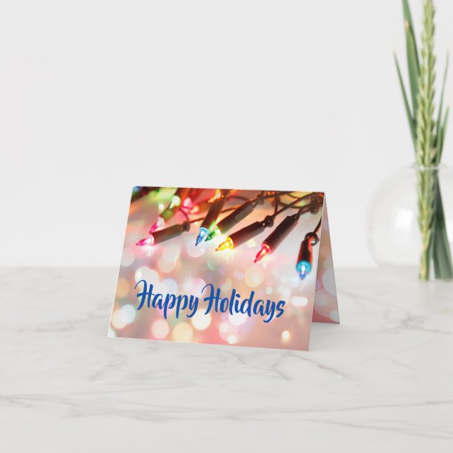 Multi-coloured Twinkle Lights Christmas bokeh Holiday Card (Front)