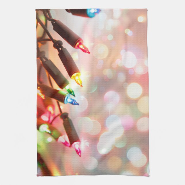 Multi-coloured Twinkle Lights Christmas kitchen Tea Towel (Vertical)